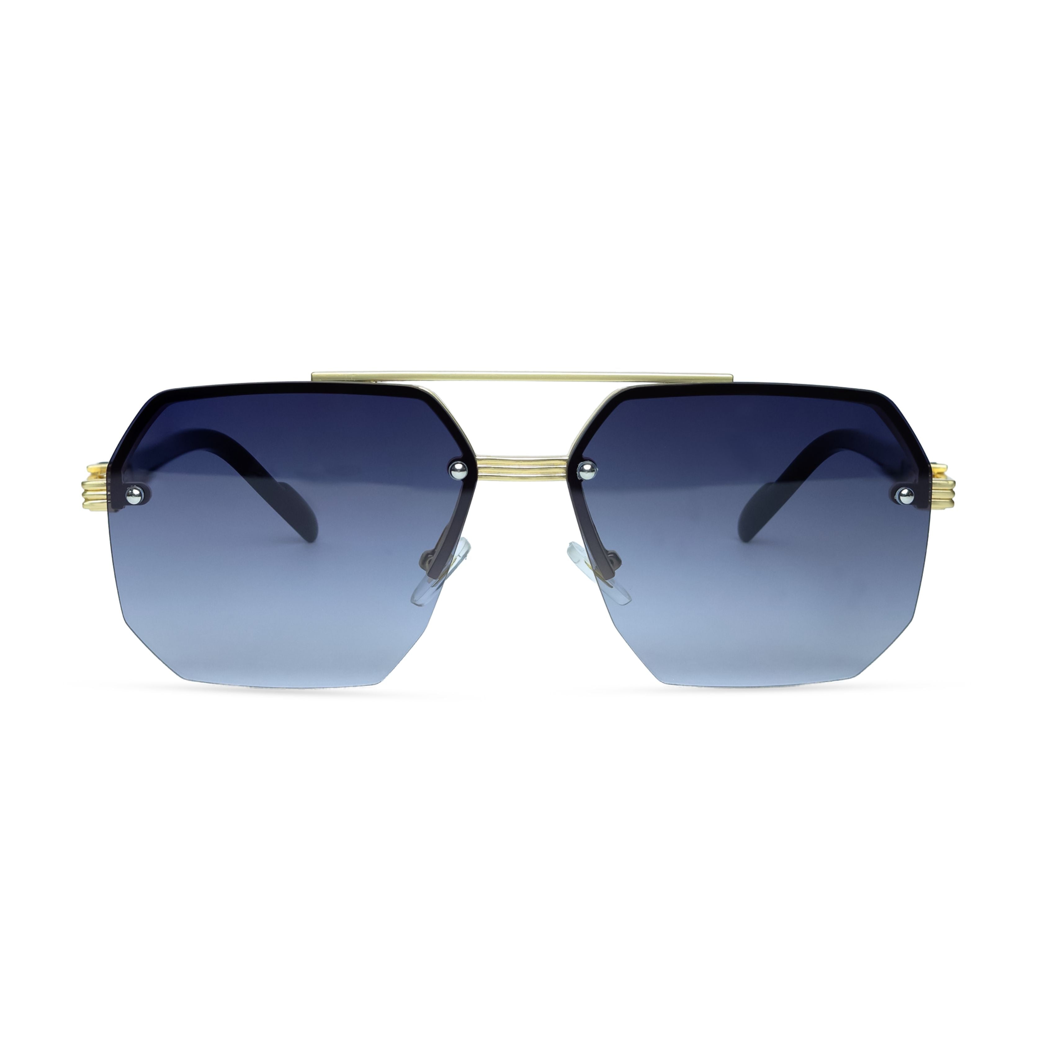 Geometric Sunglasses with Navy Lenses and Silver Hardware