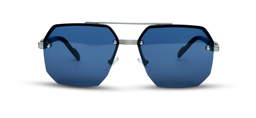 Geometric Sunglasses with Navy Lenses and Silver Hardware