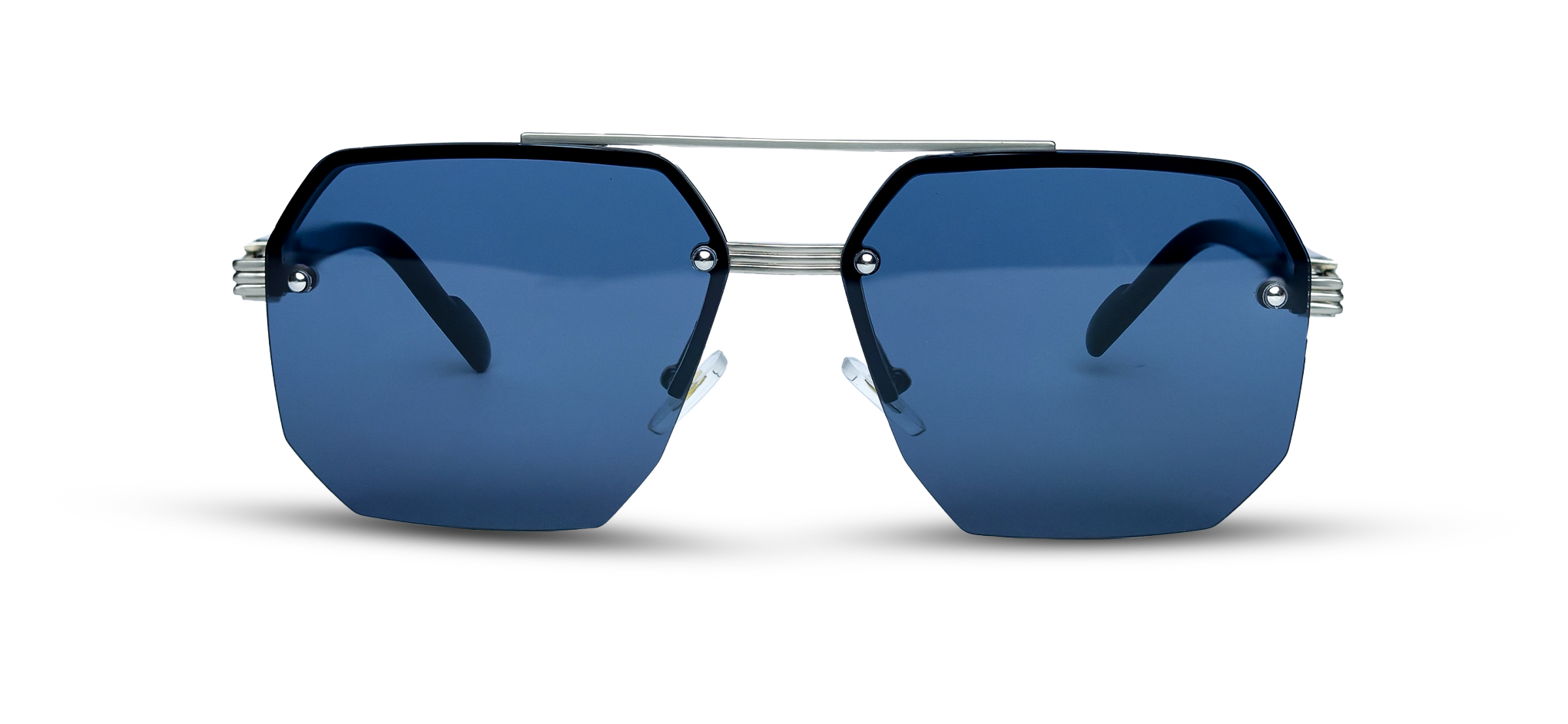 Geometric Sunglasses with Navy Lenses and Silver Hardware (57156 - GOLD-BK - S.BLUE)