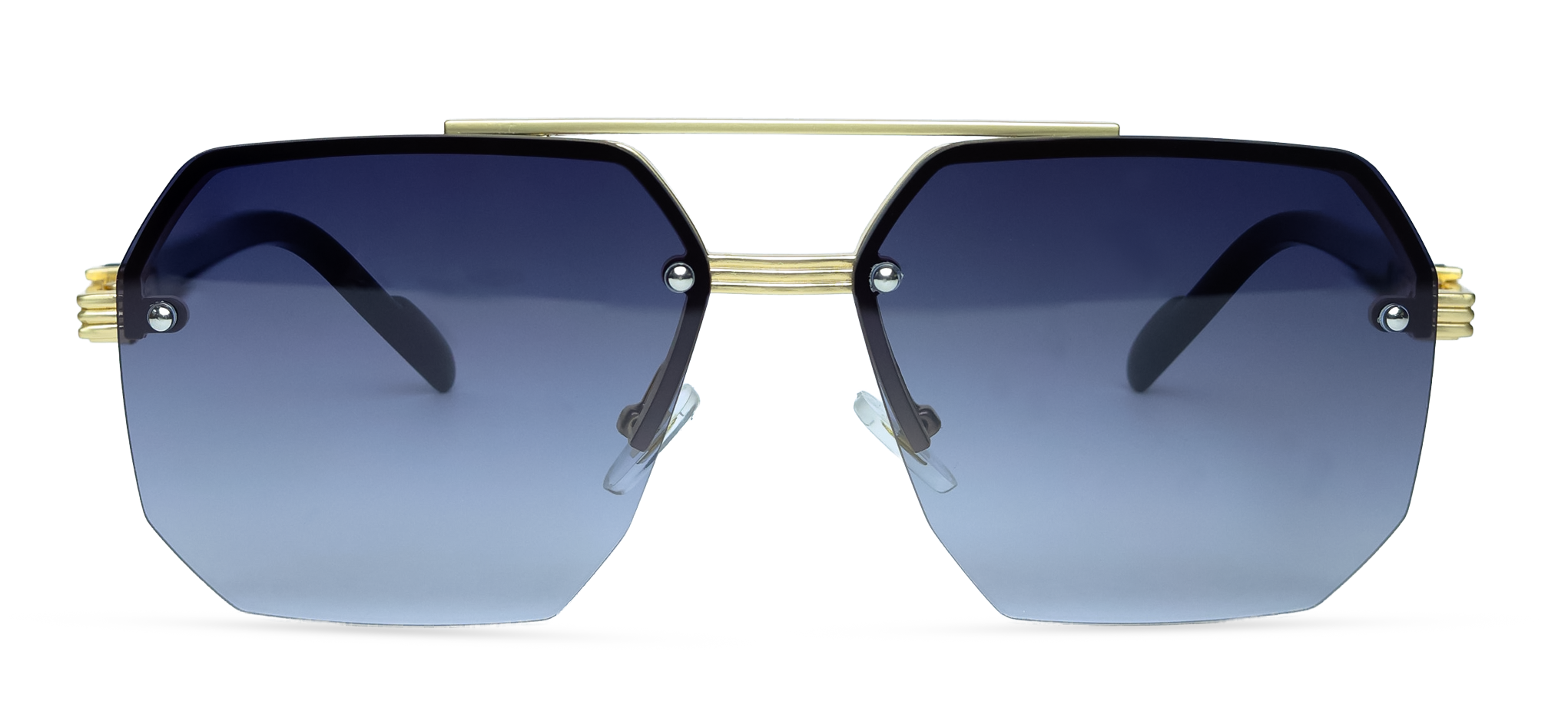 Geometric Sunglasses with Navy Lenses and Silver Hardware (57156 - GOLD-BK - S.BLUE)