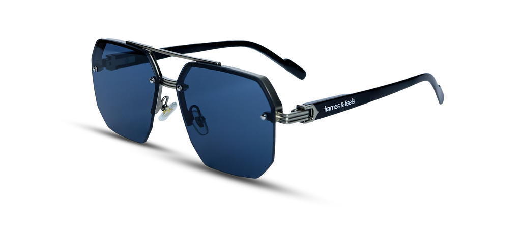 Geometric Sunglasses with Navy Lenses and Silver Hardware