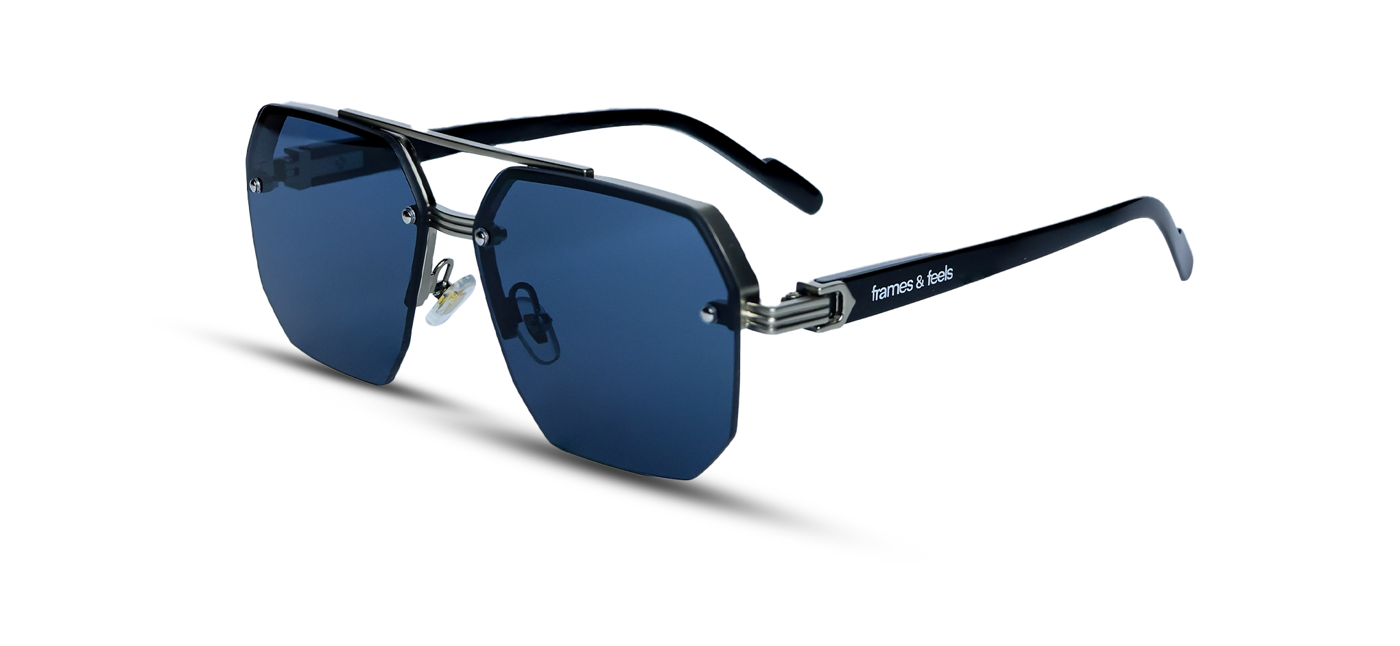 Geometric Sunglasses with Navy Lenses and Silver Hardware (57156 - GOLD-BK - S.BLUE)