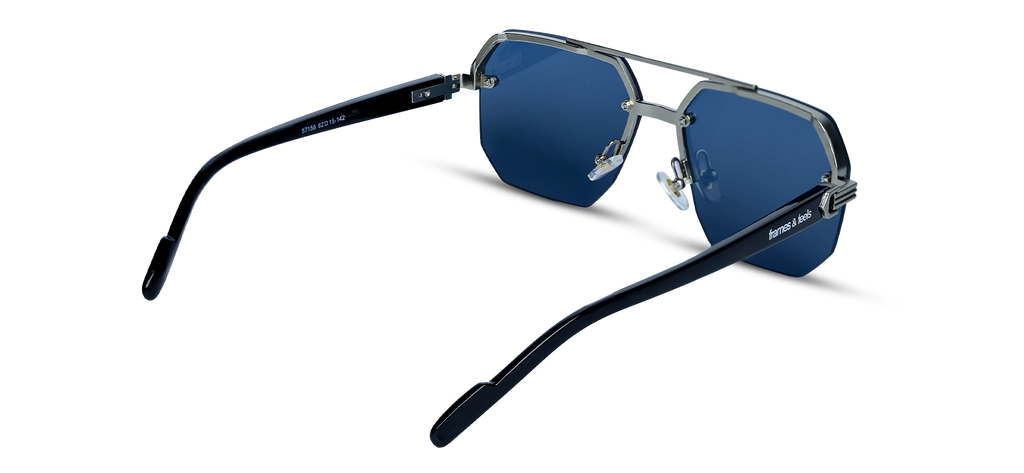 Geometric Sunglasses with Navy Lenses and Silver Hardware