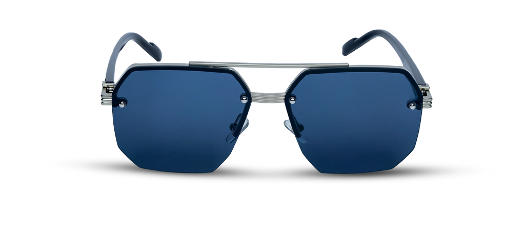 Geometric Sunglasses with Navy Lenses and Silver Hardware