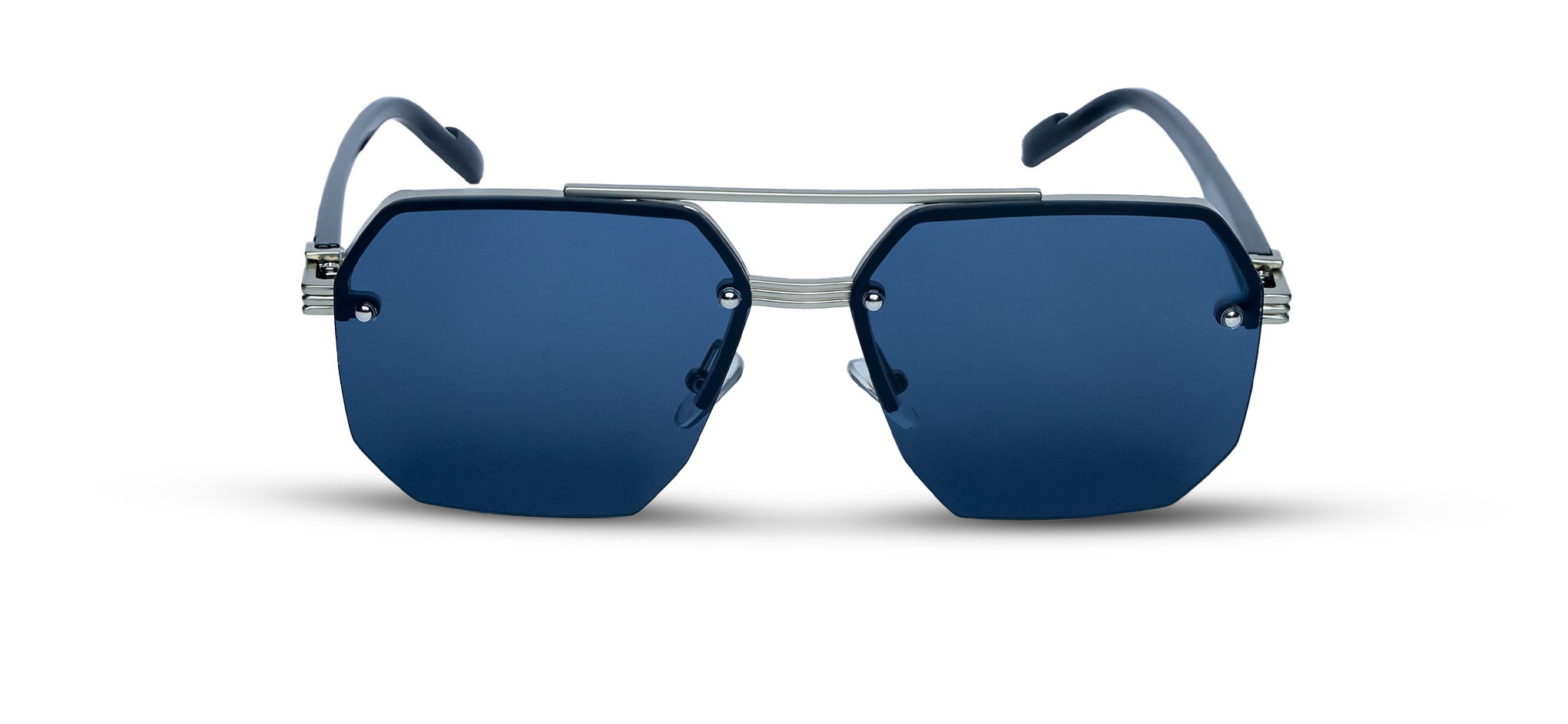 Geometric Sunglasses with Navy Lenses and Silver Hardware (57156 - GOLD-BK - S.BLUE)