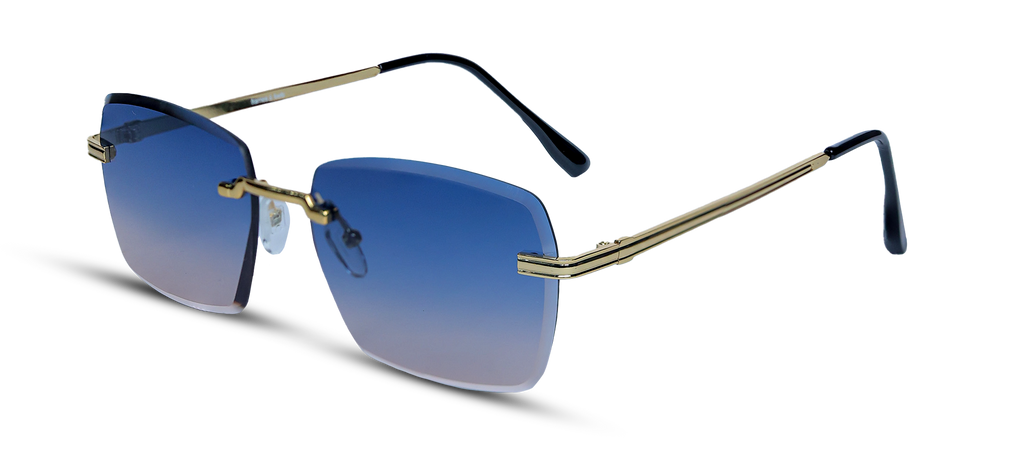 Sunglasses with blue gradient lenses and gold frames on a white background