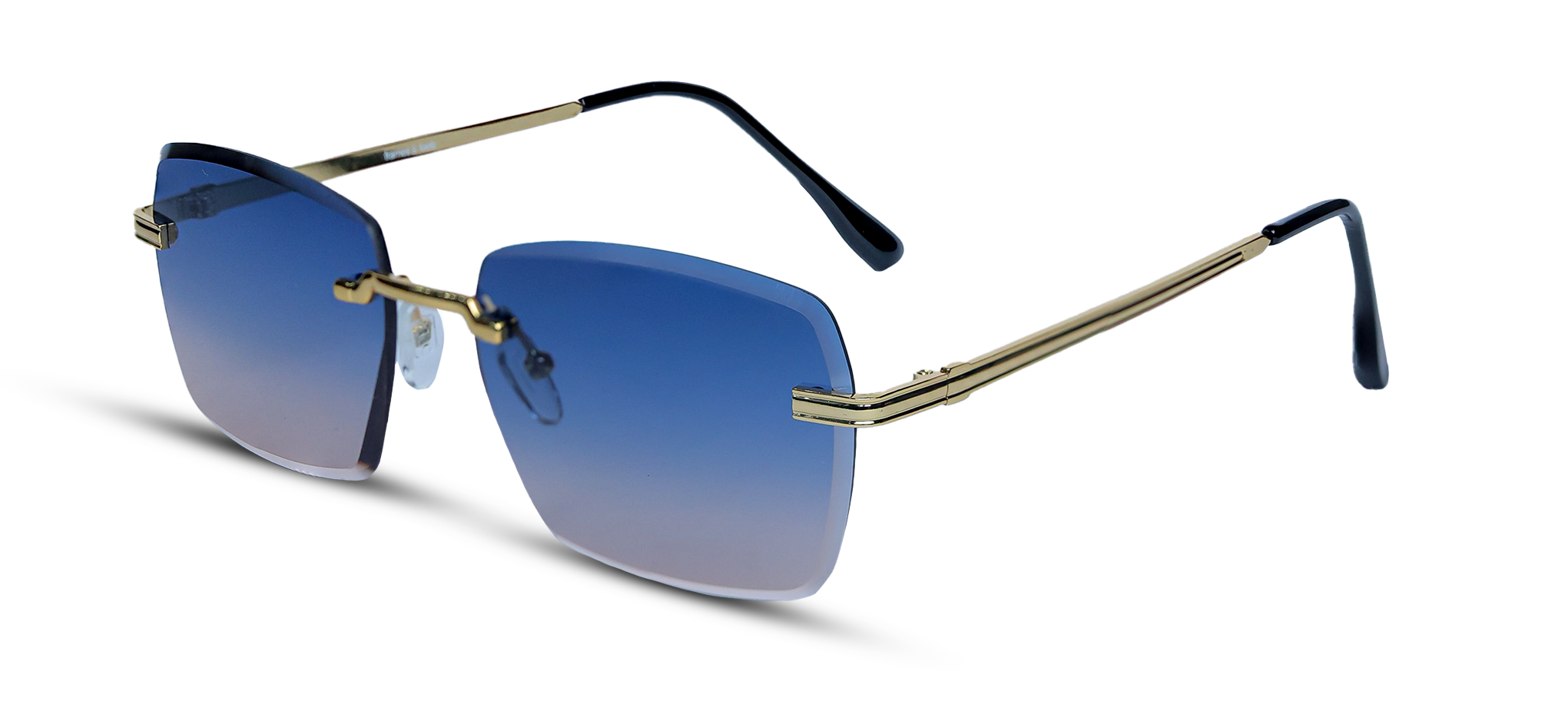 Sunglasses with blue gradient lenses and gold frames on a white background